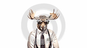 Moose with antlers in clothes with tie on white background