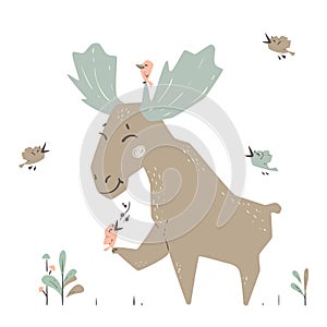 Moose baby cute print. Forest fiends. Elk listening to birds singing.