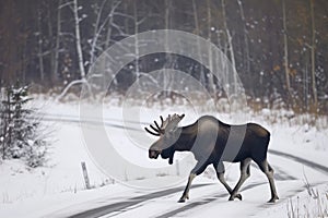 moose crossing a snowy road in a northern wooded region