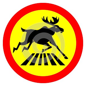 Moose dash crossing road warning sign vector illustration