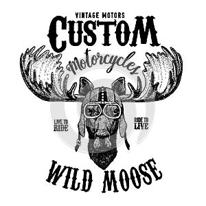 Moose, elk Biker, motorcycle animal. Hand drawn image for tattoo, emblem, badge, logo, patch, t-shirt