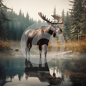 Moose in the forest reflected in the water. 3D rendering