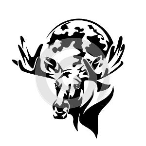 Moose head front view and full moon vector black and white outline