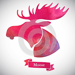 Moose head. Watercolor silhouette on a white background