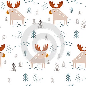 Seamless pattern with cute Moose. Vector illustrations