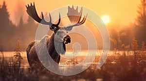 A moose is standing in a field at sunset, AI