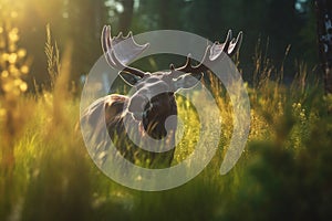 Moose in tall grass backlit by the sun, generative ai