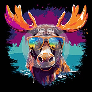 Moose wearing sunglasses and deer's head with trees in the background