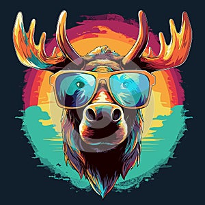 Moose wearing sunglasses with the sun in the background and colorful sky in the background