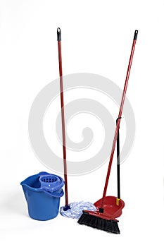 Mop and broom isolated on white background