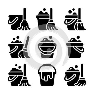 Mop and Bucket Cleaning Solid Glyph Icon Set