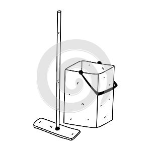 Mop and bucket for house cleaning. Hand drawn doodle style. Vector illustration isolated on white. Coloring page.