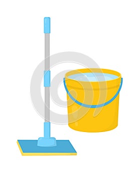 Mop with bucket of water isolated on white