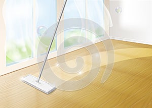 Mop cleaning wooden floor. Home interior background witn window and realistic mop. effective disinfection