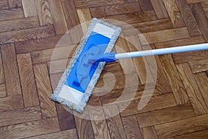 Mop cleaning a wooden floor photo