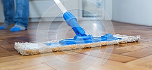 Mop cleaning a wooden floor photo