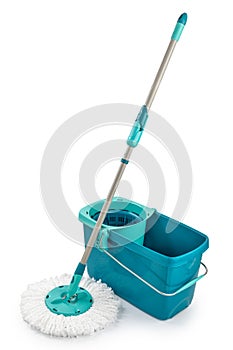 Mop and plastic bucket isolated on white background