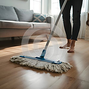 Mop resting on wooden floor in well maintained living room photo