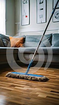 Mop resting on wooden floor in well maintained living room photo