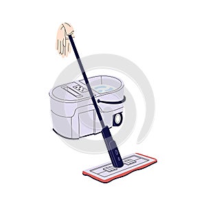 Mop for washing floor. Soapy water in plastic bucket with automatic spin. Tools for wet cleaning home with detergent