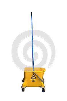 mop in yellow bucket isolated on white background