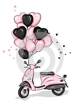 Moped with heart-shaped balloons. Motorcycle. Vector illustration for greeting card or poster. Love, friendship, Valentine`s Day.