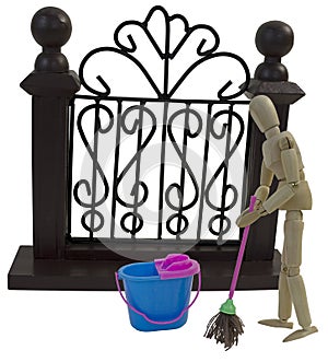 Mopping in Front of the Fancy Metal Gate