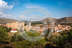 Mora de Rubielos city skyline with a view of the historical buildings, Teruel, Spain