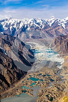 Moraine Glacier Lake Aerial View Mountain Canyon and Summits