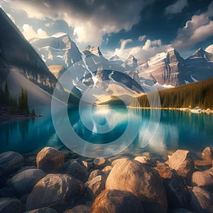 Moraine Lake in Alberta's Canadian Rockies, A Gem of Turquoise Beauty. Generative ai