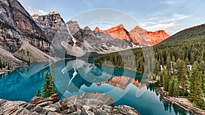 Moraine Lake in Banff National Park in Canada taken at the peak color of sunrise