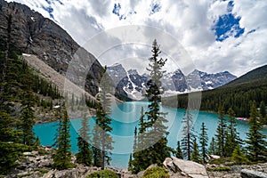 Moraine Lake in Banff National Park on an overcast day