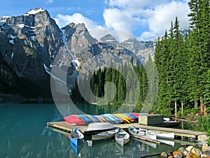 Moraine Lake with canoes