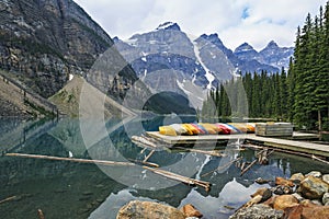 Moraine Lake and colorful canoes in Banff National Park, Alberta, Canada