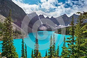 Moraine lake near Lake Louise village in Banff National Park, Alberta, Rocky Mountains Canada. View from rockpile trail