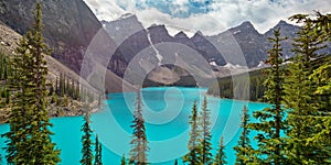 Moraine lake near Lake Louise village in Banff National Park, Alberta, Rocky Mountains Canada. View from rockpile trail