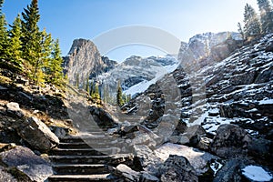 Moraine Lake Rockpile Trail in autumn sunny day morning. Banff National Park, Alberta, Canada.