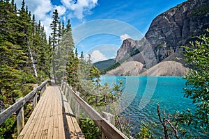 Moraine lake shoreline trail near Lake Louise village in Banff National Park, Alberta, Rocky Mountains Canada