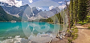 Moraine lake shoreline trail near Lake Louise village in Banff National Park, Alberta, Rocky Mountains Canada