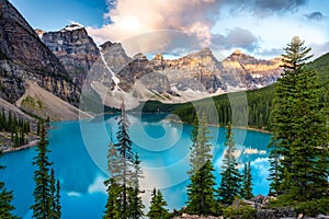 Moraine lake at sunrise, Banff. Canadian Rockies, Alberta, Canada