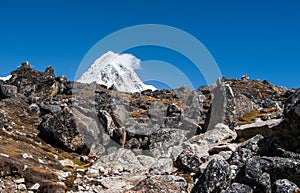 Moraine and Pumori peak in Himalayas