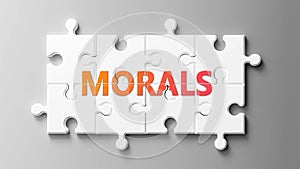 Morals complex like a puzzle - pictured as word Morals on a puzzle pieces to show that Morals can be difficult and needs