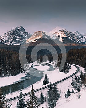 Morants Curve is a beautiful area that the Canadian Pacific railway passes through along the Bow River,Banff National Park,Canada