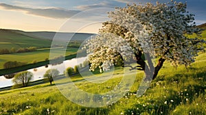 Moravian green rolling landscape with blooming apple-tree. Landscape with white spring flowering trees on green hill, which is