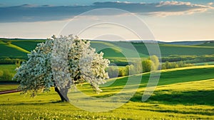 Moravian green rolling landscape with blooming apple-tree. Landscape with white spring flowering trees on green hill, which is