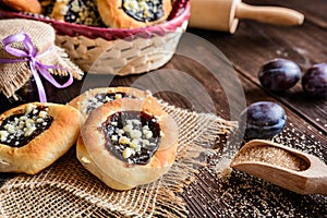 Moravian pies with plum jam, curd filling and crumble