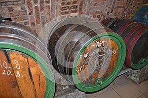 Moravian wine cellar with barrels of wine