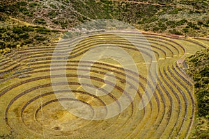 Moray circular terraces in Incas Sacred Valley, Cuzco Peru