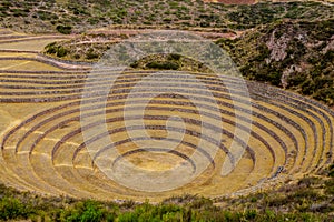 Moray circular terraces in Incas Sacred Valley, Cuzco Peru