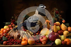 morbidly obese bird, surrounded by bountiful feast of fruits and nuts
